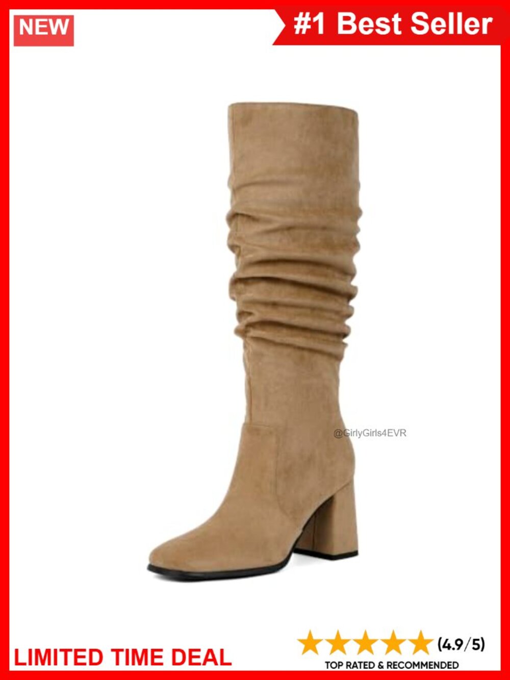 Square Toe Chunky Heel Knee High Boots Faux Leather Tall Zip Boot